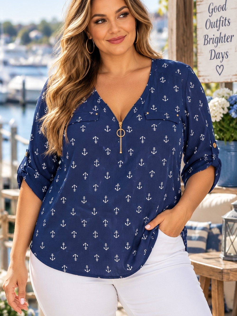 Tempted Los Angeles Navy Blue Anchor Print Zip-Front Roll-Tab Blouse Size 2X